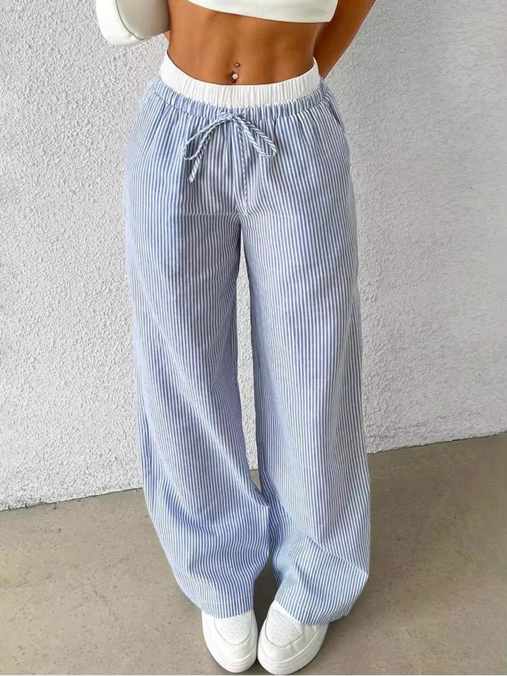 Light Blue & White Striped Casual Drawstring Pants